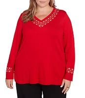 Ruby Rd. Plus Size Sweater Knit Grommet Embellished Trim V-Neck Long Sleeve Shirttail Hem Top