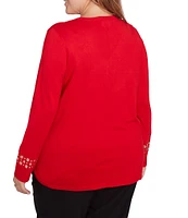 Ruby Rd. Plus Size Sweater Knit Grommet Embellished Trim V-Neck Long Sleeve Shirttail Hem Top