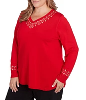 Ruby Rd. Plus Size Sweater Knit Grommet Embellished Trim V-Neck Long Sleeve Shirttail Hem Top