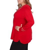 Ruby Rd. Plus Size Sweater Knit Grommet Embellished Trim V-Neck Long Sleeve Shirttail Hem Top