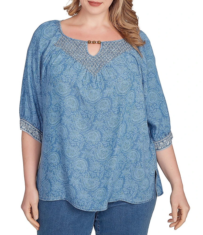 Ruby Rd. Plus Size Tencel™ Embroidered Allover Printed Keyhole Neck Elbow Tie Sleeve Top