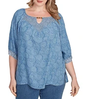Ruby Rd. Plus Size Tencel™ Embroidered Allover Printed Keyhole Neck Elbow Tie Sleeve Top