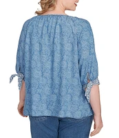 Ruby Rd. Plus Size Tencel™ Embroidered Allover Printed Keyhole Neck Elbow Tie Sleeve Top