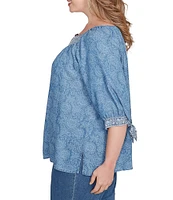 Ruby Rd. Plus Size Tencel™ Embroidered Allover Printed Keyhole Neck Elbow Tie Sleeve Top