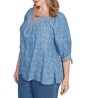 Ruby Rd. Plus Size Tencel™ Embroidered Allover Printed Keyhole Neck Elbow Tie Sleeve Top