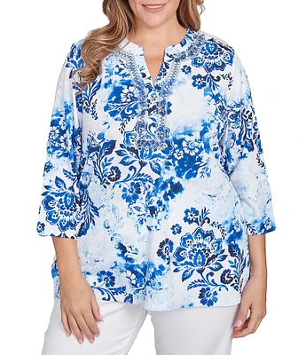 Ruby Rd. Plus Size Textured Embroidered Beaded Round Split V-Neck 3/4 Sleeve Top