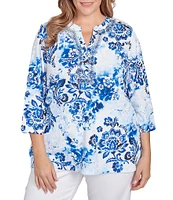 Ruby Rd. Plus Size Textured Embroidered Beaded Round Split V-Neck 3/4 Sleeve Top