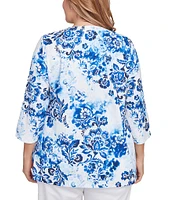 Ruby Rd. Plus Size Textured Embroidered Beaded Round Split V-Neck 3/4 Sleeve Top
