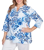 Ruby Rd. Plus Size Textured Embroidered Beaded Round Split V-Neck 3/4 Sleeve Top
