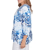 Ruby Rd. Plus Size Textured Embroidered Beaded Round Split V-Neck 3/4 Sleeve Top