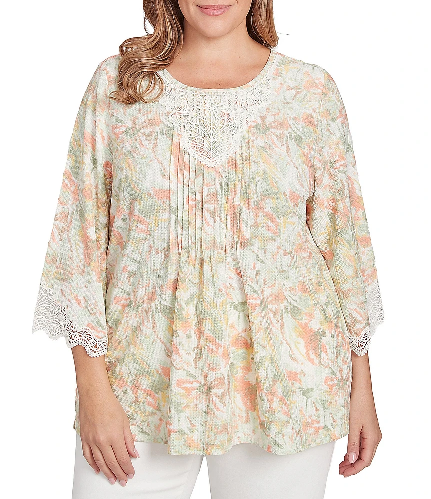 Ruby Rd. Plus Size Textured Knit Floral Crew Neck 3/4 Bell Sleeve Lace Trim Top
