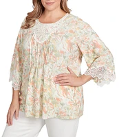 Ruby Rd. Plus Size Textured Knit Floral Crew Neck 3/4 Bell Sleeve Lace Trim Top