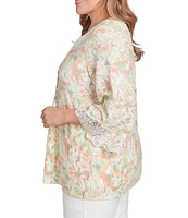 Ruby Rd. Plus Size Textured Knit Floral Crew Neck 3/4 Bell Sleeve Lace Trim Top