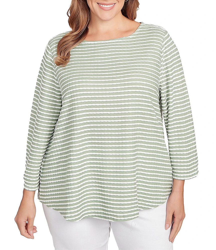 Ruby Rd. Plus Size Textured Knit Stripe Print Square Neck 3/4 Sleeve Top