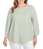 Ruby Rd. Plus Size Textured Knit Stripe Print Square Neck 3/4 Sleeve Top