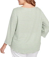 Ruby Rd. Plus Size Textured Knit Stripe Print Square Neck 3/4 Sleeve Top