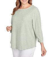 Ruby Rd. Plus Size Textured Knit Stripe Print Square Neck 3/4 Sleeve Top