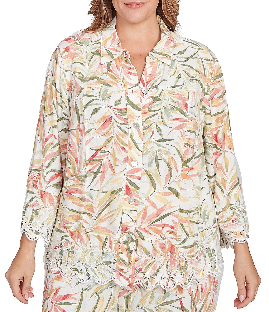 Ruby Rd. Plus Coordinating Tropical Fern Print 3/4 Sleeve Lace Embroidered Scallop Edge Button-Front Shirt
