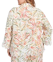 Ruby Rd. Plus Coordinating Tropical Fern Print 3/4 Sleeve Lace Embroidered Scallop Edge Button-Front Shirt
