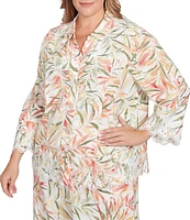 Ruby Rd. Plus Coordinating Tropical Fern Print 3/4 Sleeve Lace Embroidered Scallop Edge Button-Front Shirt
