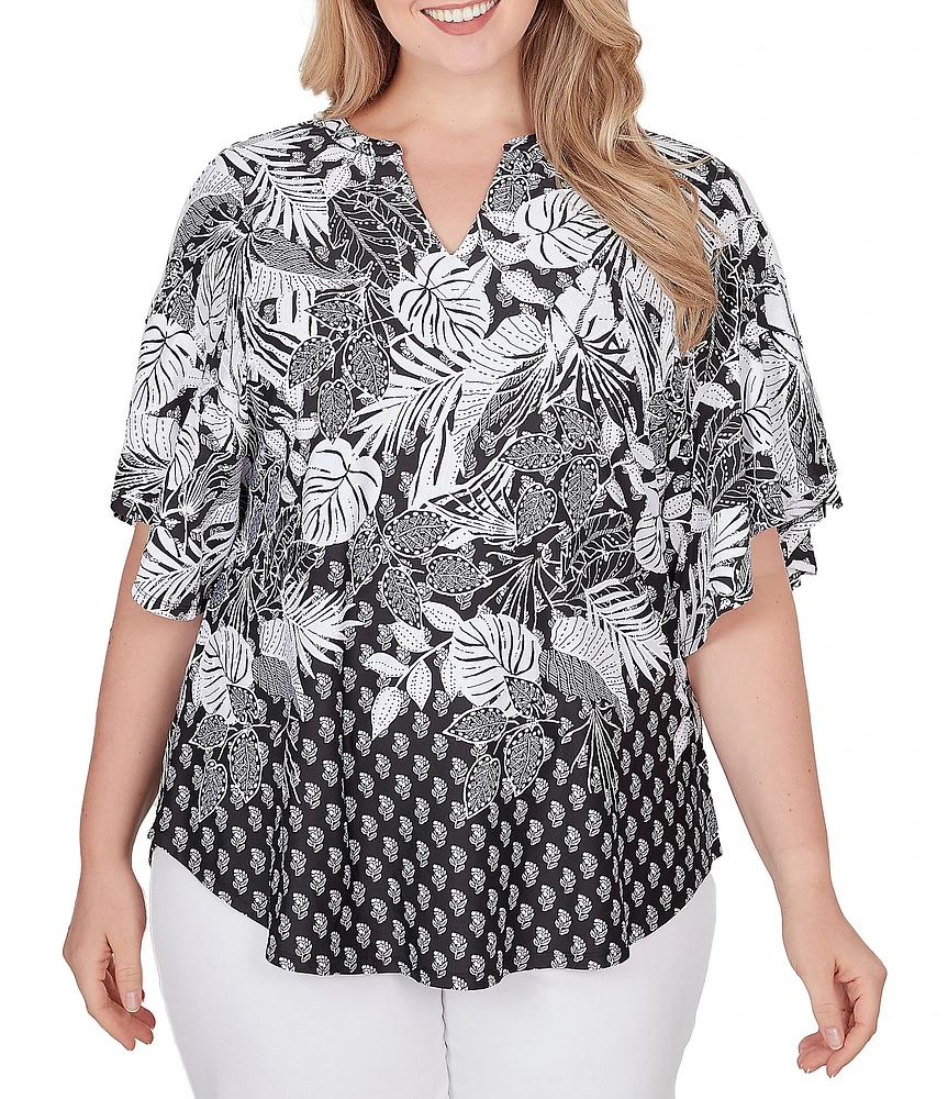 Ruby Rd. Plus Size Tropical Floral Border Print Split V-Neck Short Flutter Sleeve Coordinating Knit Top