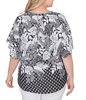 Ruby Rd. Plus Size Tropical Floral Border Print Split V-Neck Short Flutter Sleeve Coordinating Knit Top