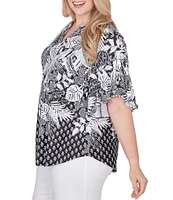 Ruby Rd. Plus Size Tropical Floral Border Print Split V-Neck Short Flutter Sleeve Coordinating Knit Top