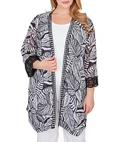 Ruby Rd. Plus Size Tropical Leaf Print 3/4 Sleeve Asymmetric Hem Open-Front Mesh Cardigan