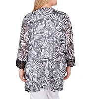 Ruby Rd. Plus Size Tropical Leaf Print 3/4 Sleeve Asymmetric Hem Open-Front Mesh Cardigan