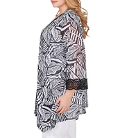 Ruby Rd. Plus Size Tropical Leaf Print 3/4 Sleeve Asymmetric Hem Open-Front Mesh Cardigan