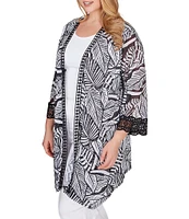 Ruby Rd. Plus Size Tropical Leaf Print 3/4 Sleeve Asymmetric Hem Open-Front Mesh Cardigan