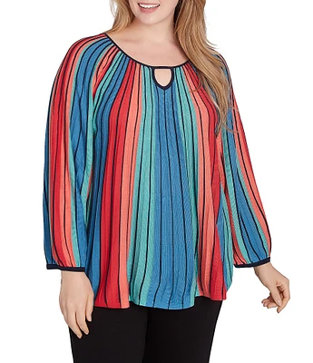 Ruby Rd. Plus Size Multicolor Vertical Stripe Sweater Knit Ballet Keyhole Neck Bracelet Sleeve Top