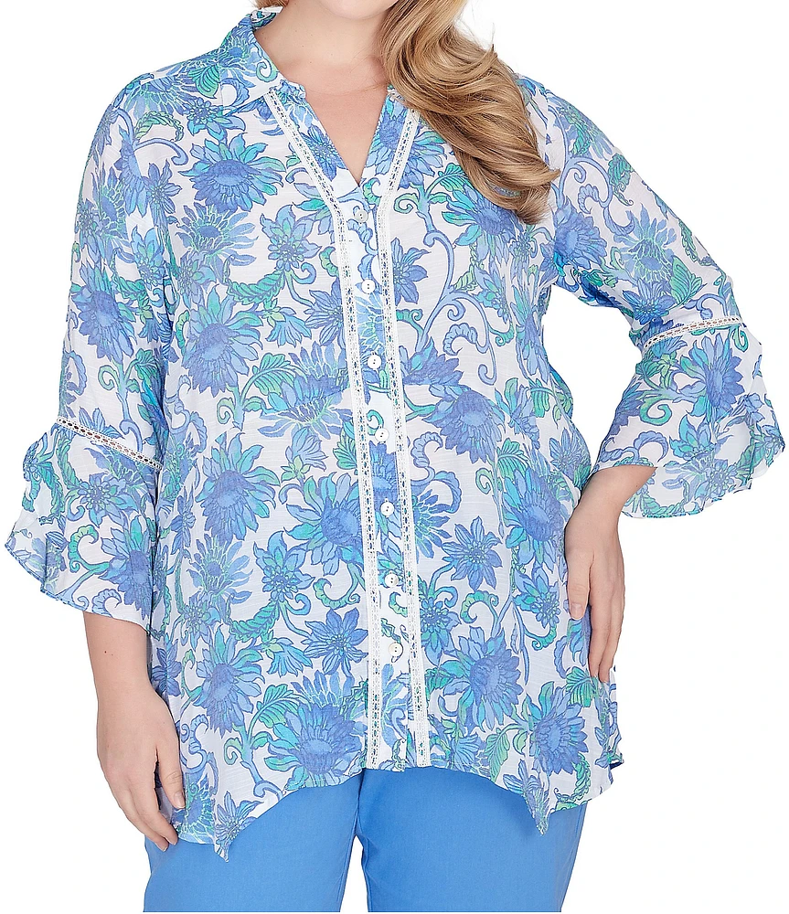 Ruby Rd. Plus Size Woven Bali Floral Print Point Collar 3/4 Flounce Sleeve Lace Trim Button-Front Shirt