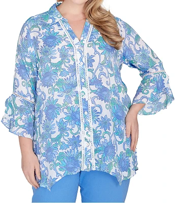 Ruby Rd. Plus Size Woven Bali Floral Print Point Collar 3/4 Flounce Sleeve Lace Trim Button-Front Shirt