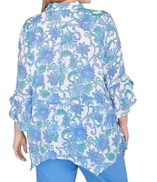 Ruby Rd. Plus Size Woven Bali Floral Print Point Collar 3/4 Flounce Sleeve Lace Trim Button-Front Shirt