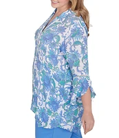 Ruby Rd. Plus Size Woven Bali Floral Print Point Collar 3/4 Flounce Sleeve Lace Trim Button-Front Shirt