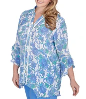 Ruby Rd. Plus Size Woven Bali Floral Print Point Collar 3/4 Flounce Sleeve Lace Trim Button-Front Shirt