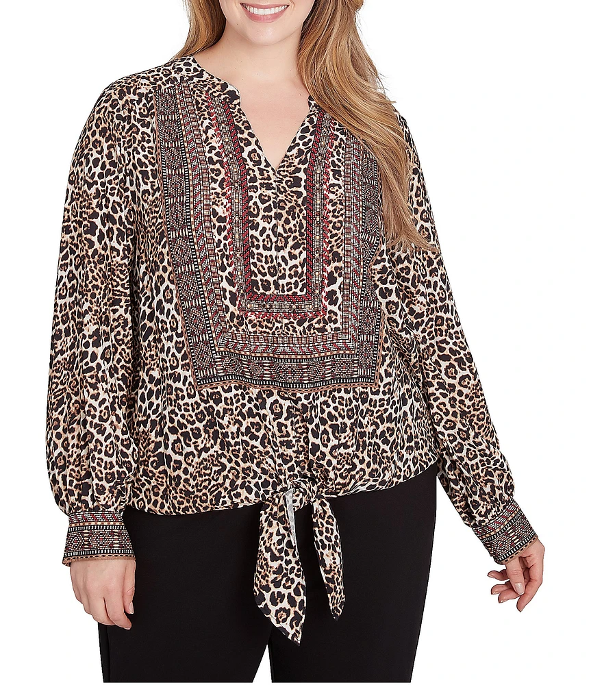 Ruby Rd. Plus Size Woven Beaded Animal Print Split V-Neck Long Blouson Sleeve Tie-Front Top