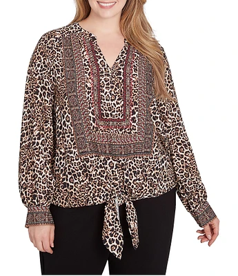 Ruby Rd. Plus Size Woven Beaded Animal Print Split V-Neck Long Blouson Sleeve Tie-Front Top