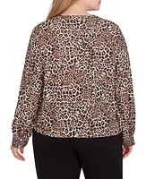 Ruby Rd. Plus Size Woven Beaded Animal Print Split V-Neck Long Blouson Sleeve Tie-Front Top