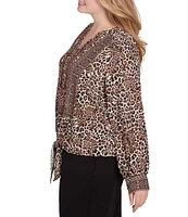 Ruby Rd. Plus Size Woven Beaded Animal Print Split V-Neck Long Blouson Sleeve Tie-Front Top