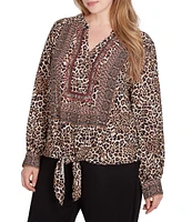 Ruby Rd. Plus Size Woven Beaded Animal Print Split V-Neck Long Blouson Sleeve Tie-Front Top