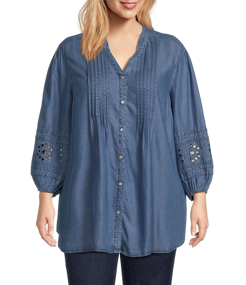 Ruby Rd. Plus Size Woven Embroidered Pintuck Mandarin Neck 3/4 Sleeve Top