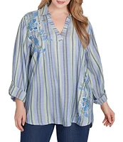 Ruby Rd. Plus Size Woven Embroidered Floral Stripe Collared V-Neck Long Roll-Tab Sleeve Blouse