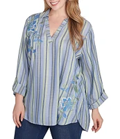 Ruby Rd. Plus Size Woven Embroidered Floral Stripe Collared V-Neck Long Roll-Tab Sleeve Blouse