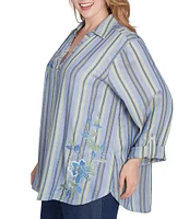 Ruby Rd. Plus Size Woven Embroidered Floral Stripe Collared V-Neck Long Roll-Tab Sleeve Blouse