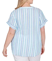 Ruby Rd. Plus Size Woven Embroidered Stripe Split V-Neck Short Sleeve Tie-Front Top