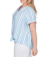 Ruby Rd. Plus Size Woven Embroidered Stripe Split V-Neck Short Sleeve Tie-Front Top