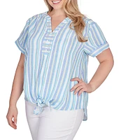 Ruby Rd. Plus Size Woven Embroidered Stripe Split V-Neck Short Sleeve Tie-Front Top