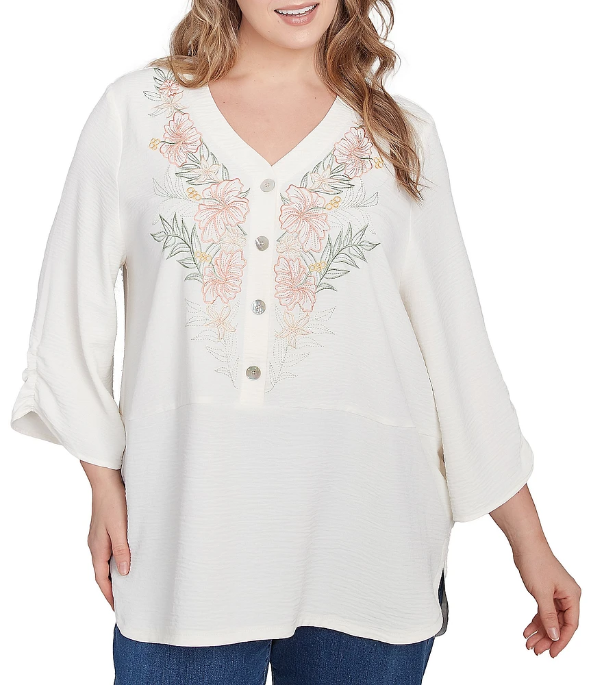 Ruby Rd. Plus Size Woven Embroidery Floral V-Neck 3/4 Sleeve Gauze Top